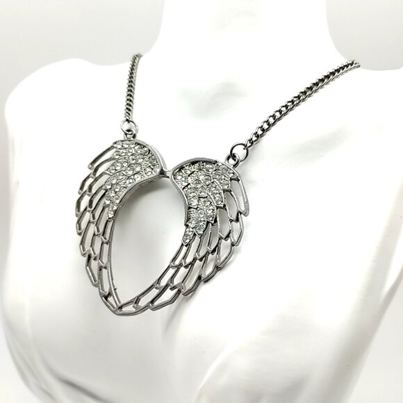 Rhinestone Angel Wing Open Heart Necklace Silver Tone Statement Pendant Chain - Picture 12 of 16